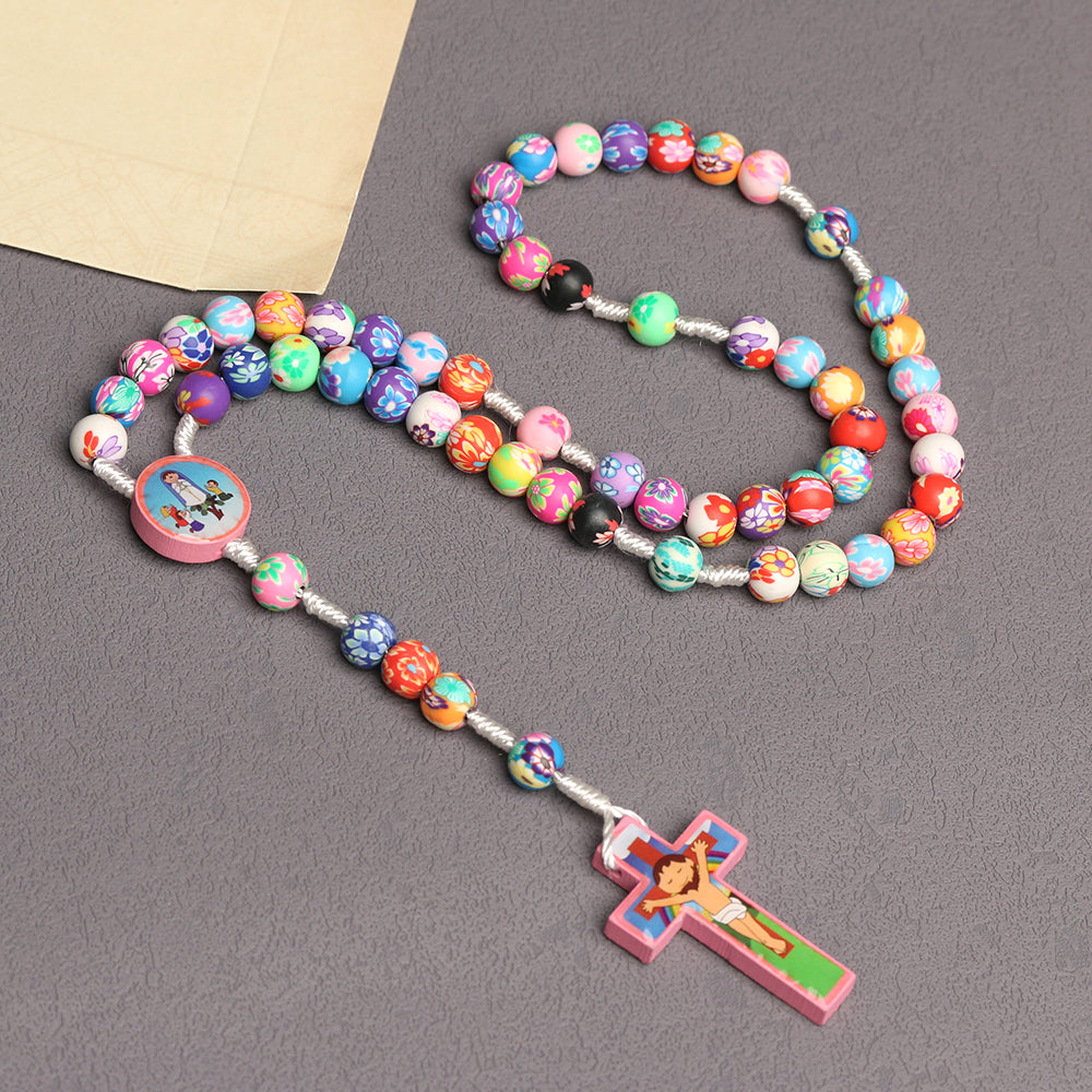 Colorful Kids Catholic Rosary with Cartoon Crucifix – Children Prayer Beads Necklace
