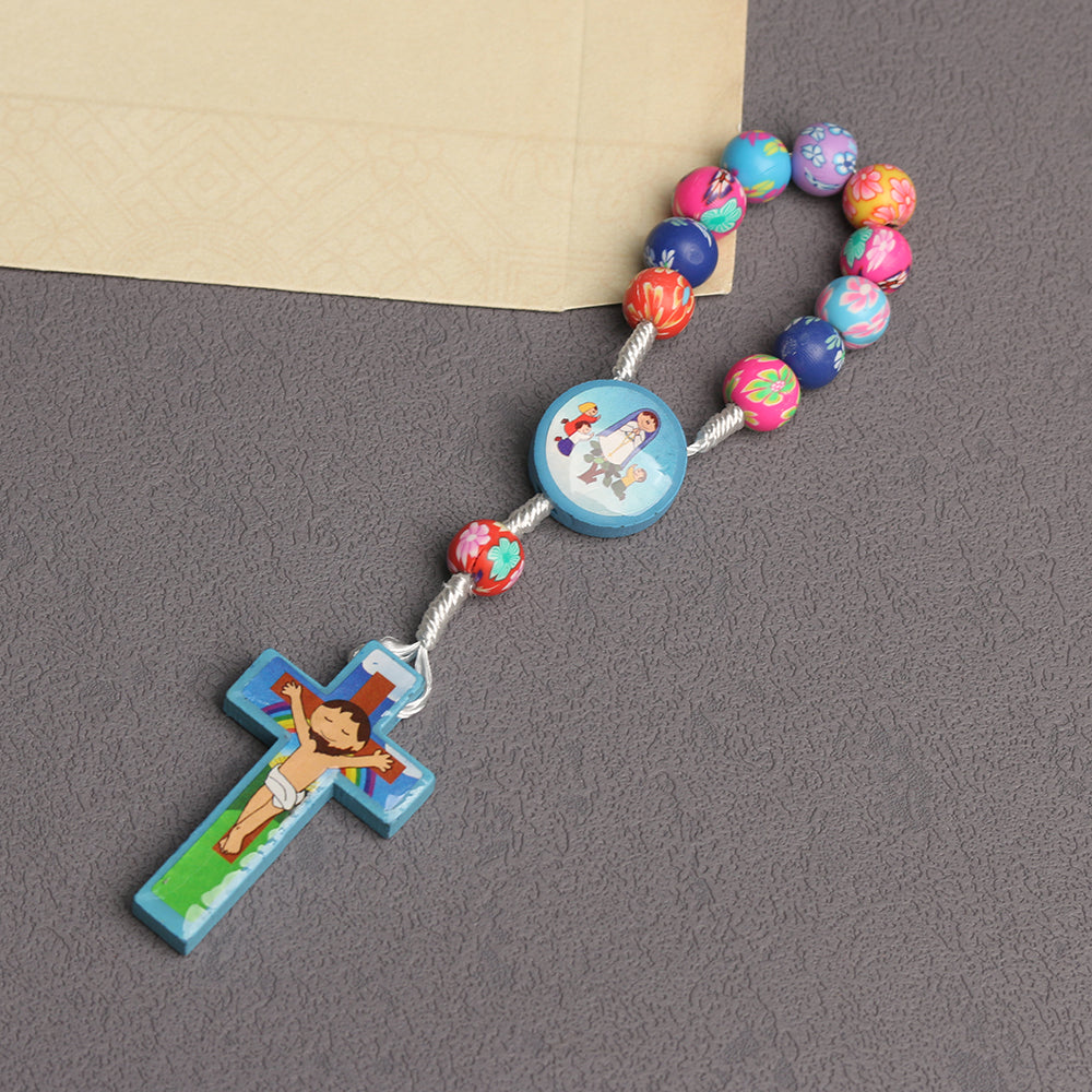Colorful Floral Kids Rosary Necklace with Cartoon Cross