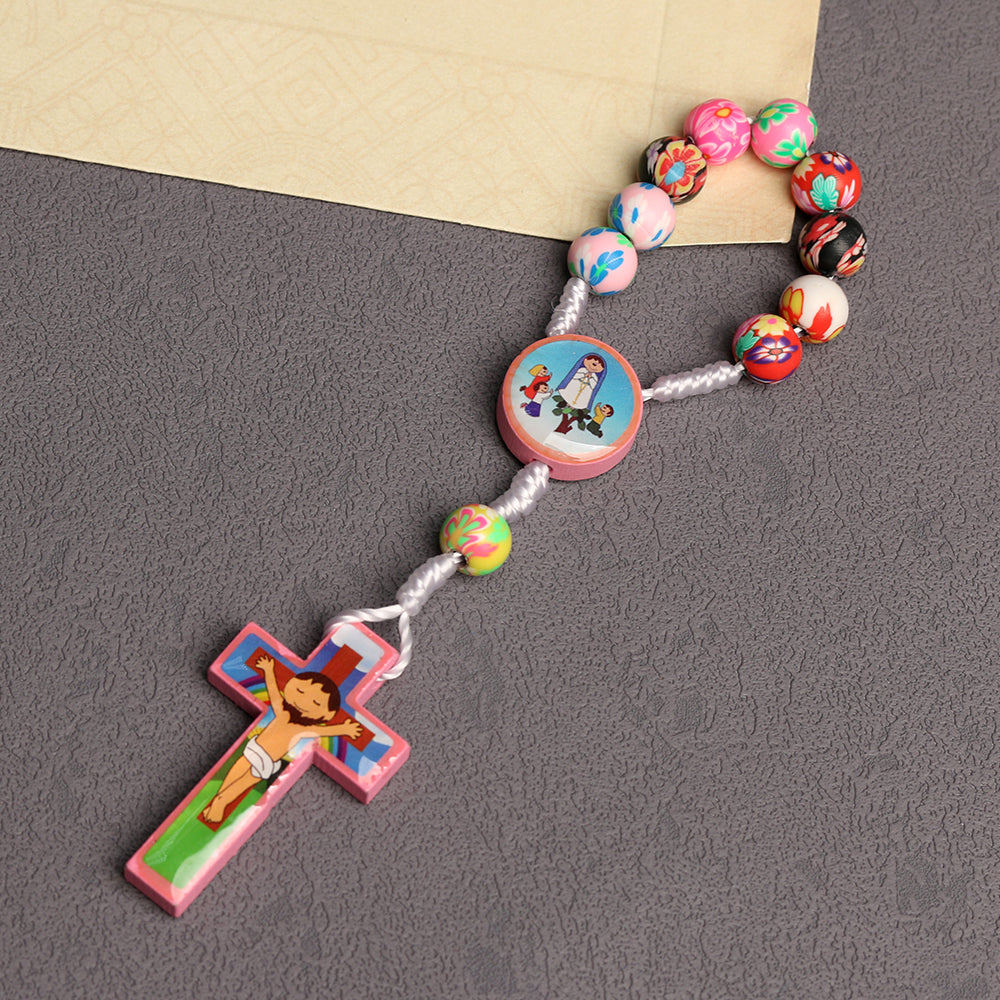 Colorful Floral Kids Rosary Necklace with Cartoon Cross