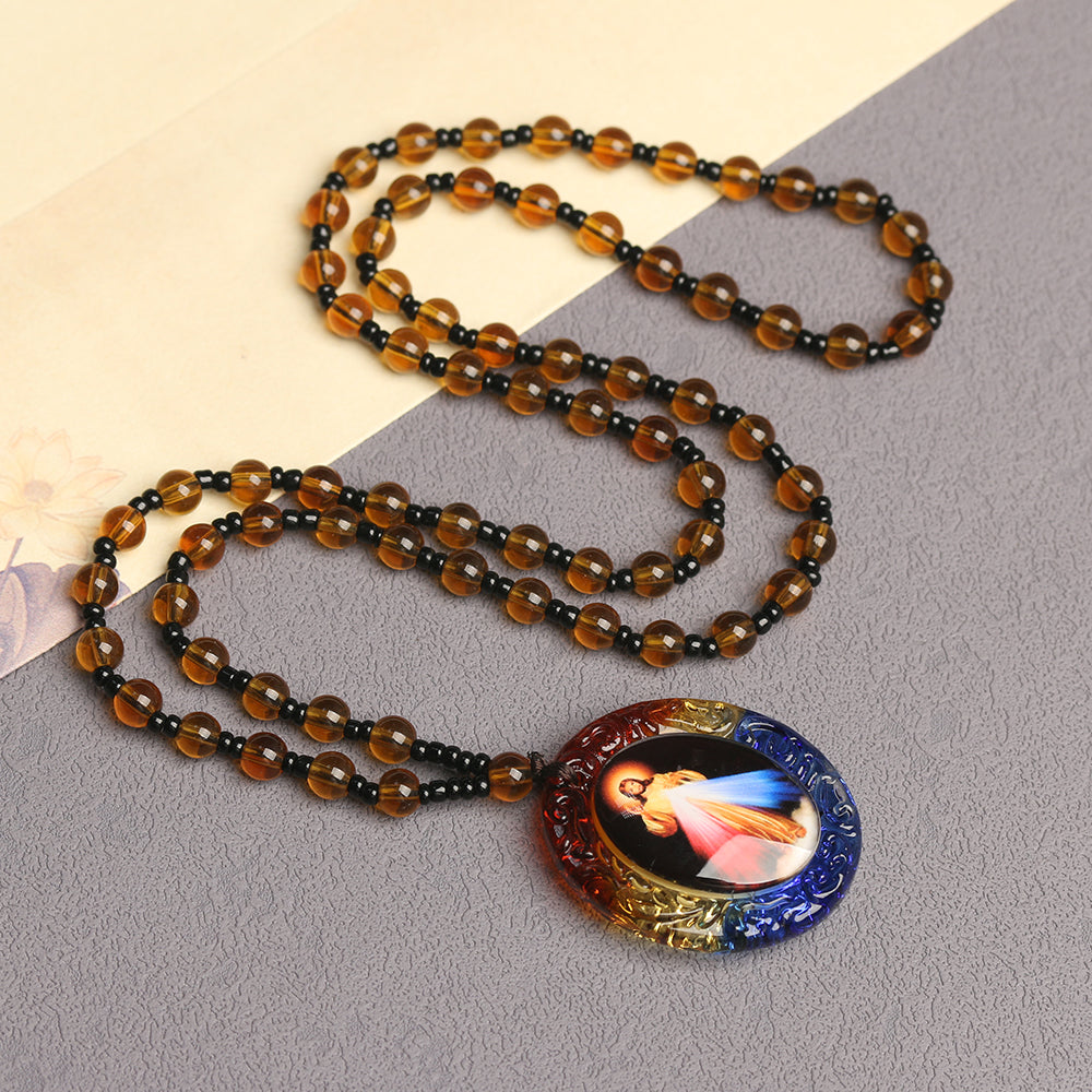 Catholic Rosary Necklace with Colorful Oval Medal Pendant