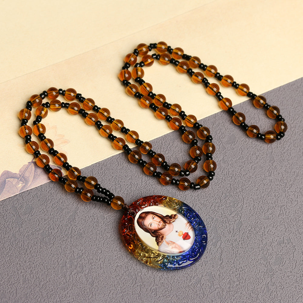 Catholic Rosary Necklace with Colorful Oval Medal Pendant