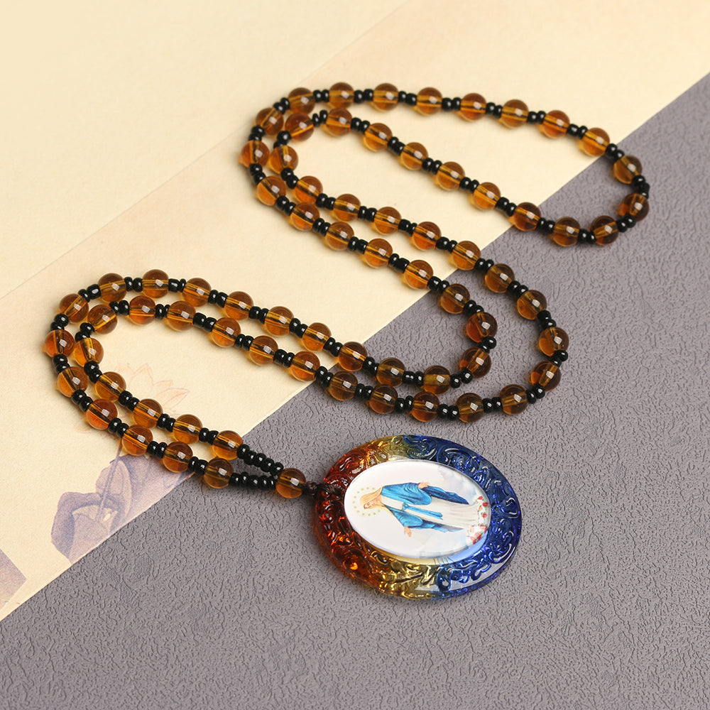Catholic Rosary Necklace with Colorful Oval Medal Pendant