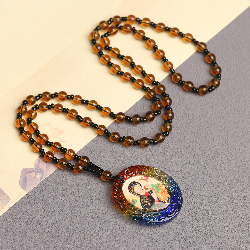 Catholic Rosary Necklace with Colorful Oval Medal Pendant