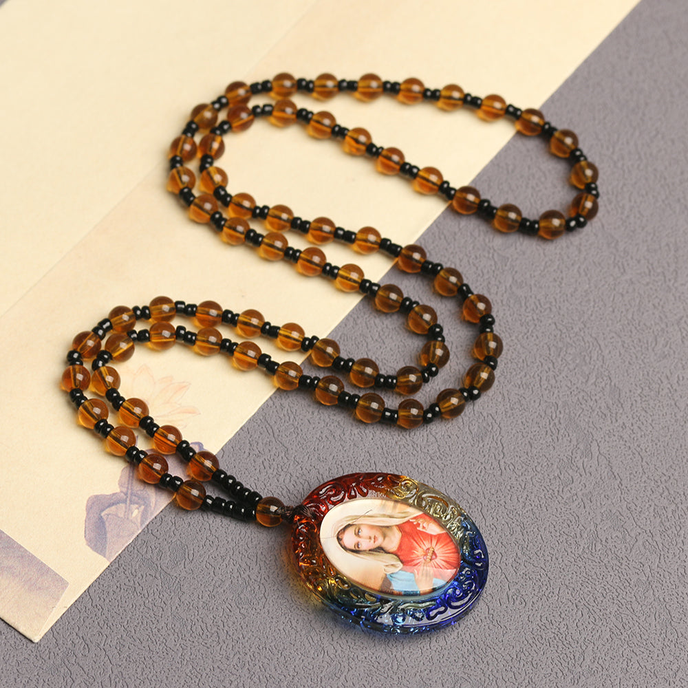 Catholic Rosary Necklace with Colorful Oval Medal Pendant