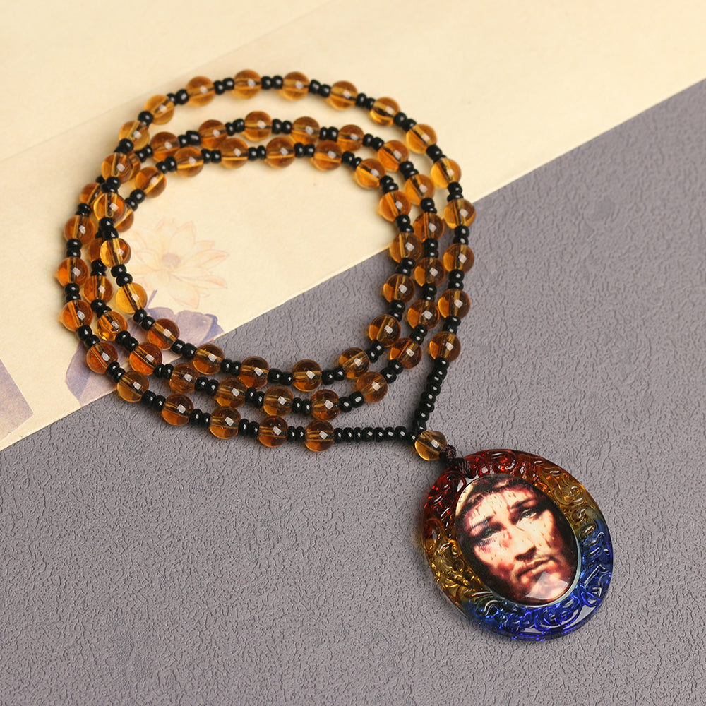 Catholic Rosary Necklace with Colorful Oval Medal Pendant