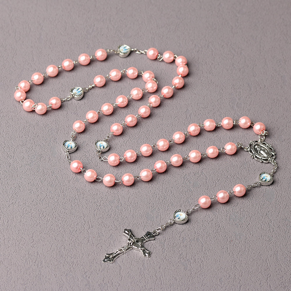 Catholic Pearl Rosary Necklace with Cross & Mary Medal