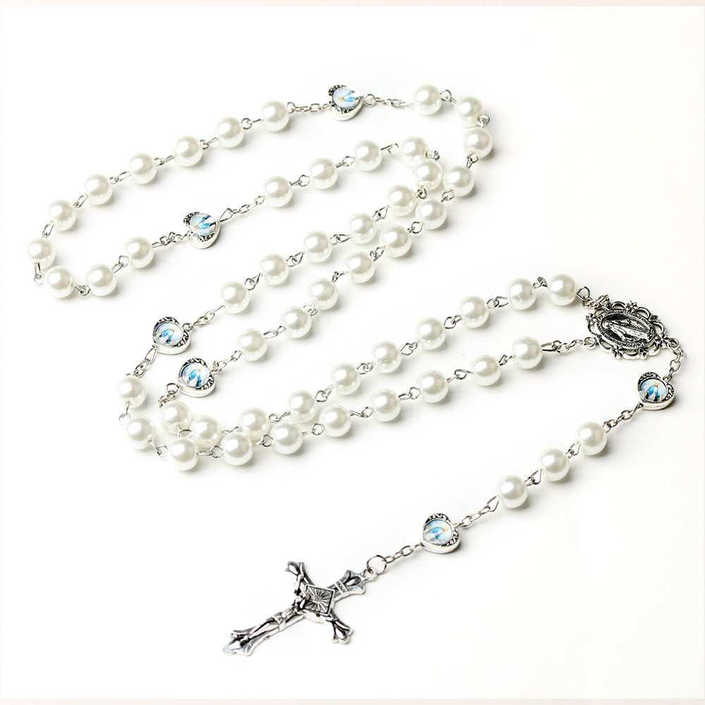 Catholic Pearl Rosary Necklace with Cross & Mary Medal