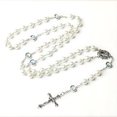 Catholic Pearl Rosary Necklace with Cross & Mary Medal