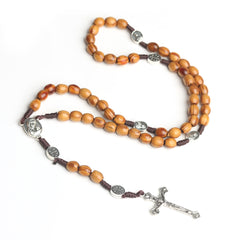 Wooden Rosary Necklace with Saint Medals – Catholic Cross Prayer Beads