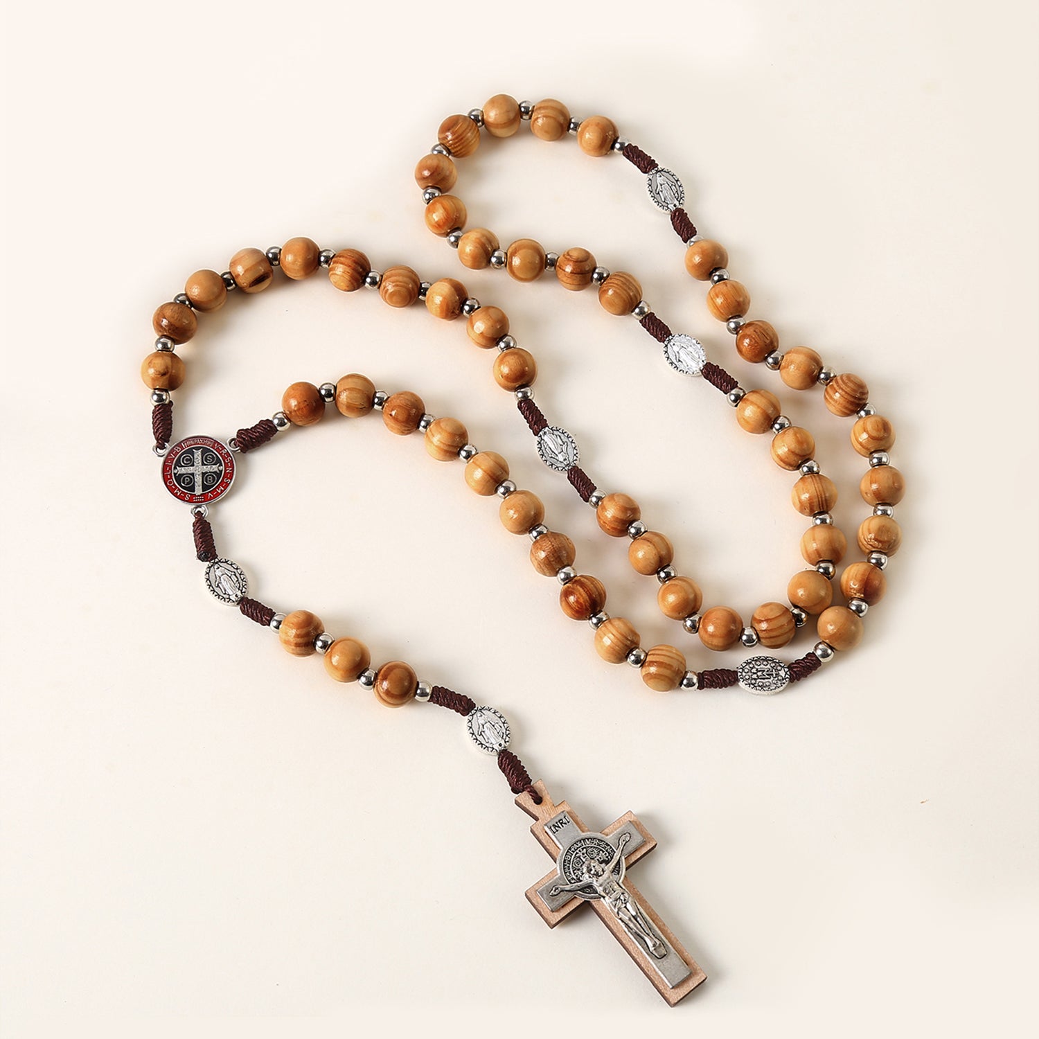 Wooden Rosary Necklace with Cross & Saint Benedict Medal