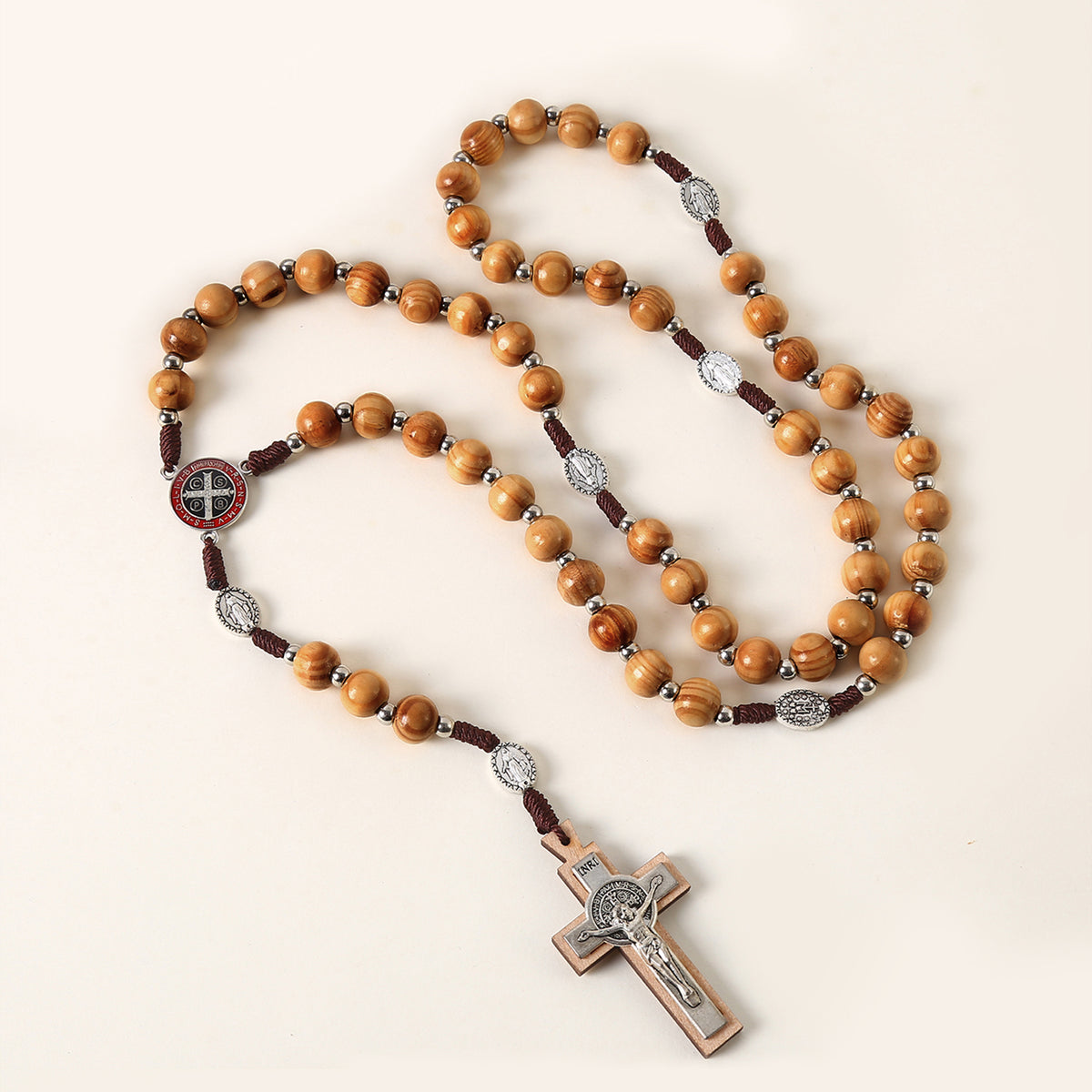 Wooden Rosary Necklace with Cross & Saint Benedict Medal