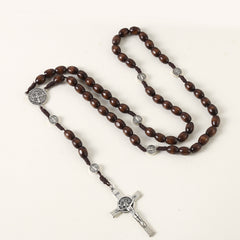 Catholic Wooden Rosary with St. Benedict Medal & Crucifix – Handmade Prayer Beads Necklace