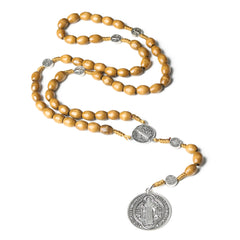 St. Benedict Rosary Necklace – Protection & Faith Wooden Prayer Beads