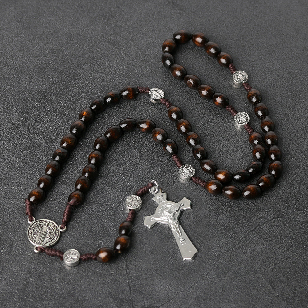 Catholic Wooden Rosary with St. Benedict Medal & Crucifix – Handmade Prayer Beads Necklace