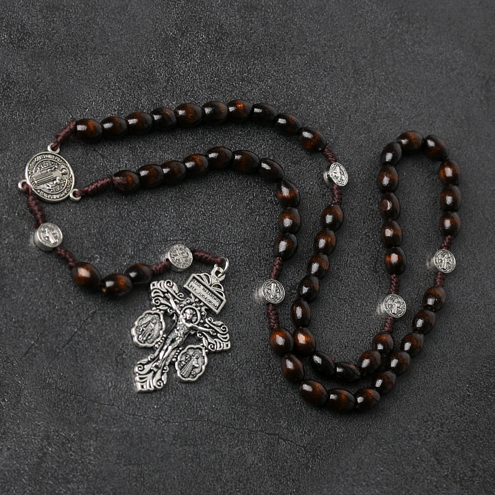 St. Benedict Rosary Necklace – Protection, Faith & Wooden Prayer Beads