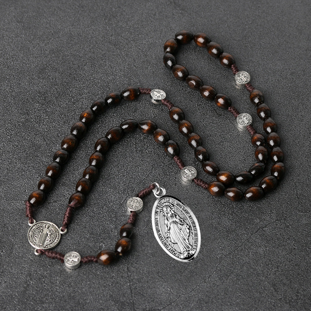 Catholic Wooden Rosary Necklace with Miraculous Medal & St. Benedict Charm