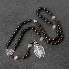 Catholic Wooden Rosary Necklace with Miraculous Medal & St. Benedict Charm