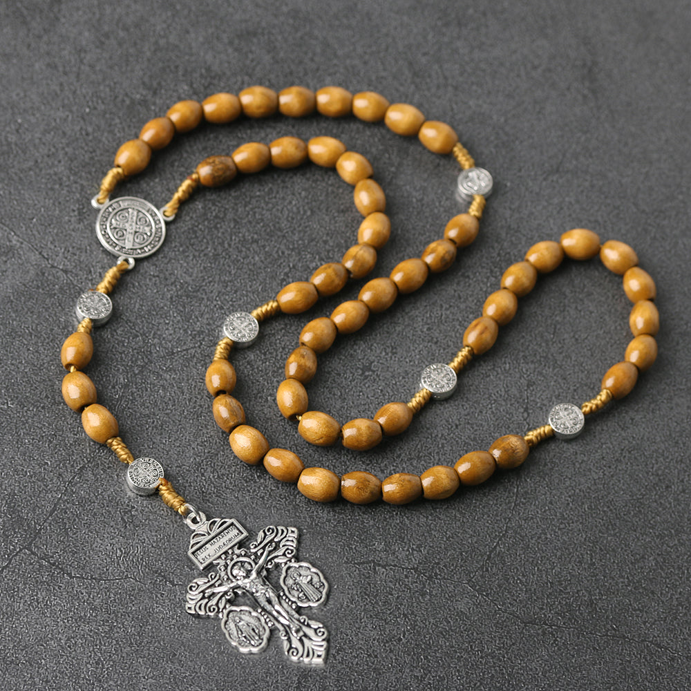 St. Benedict Rosary Necklace – Protection, Faith & Wooden Prayer Beads