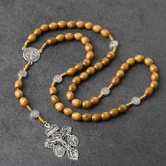 St. Benedict Rosary Necklace – Protection, Faith & Wooden Prayer Beads