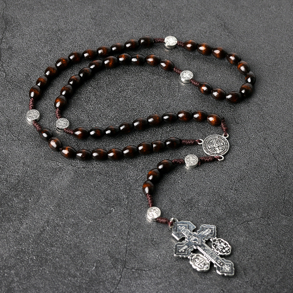 St. Benedict Rosary Necklace – Protection, Faith & Wooden Prayer Beads