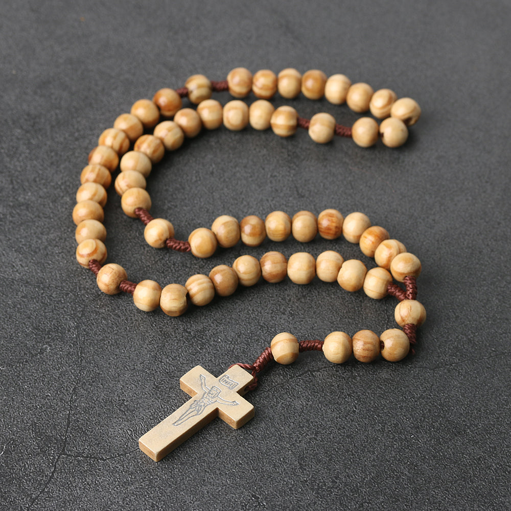 Classic Wooden Rosary Beads with Cross – Catholic Prayer Necklace