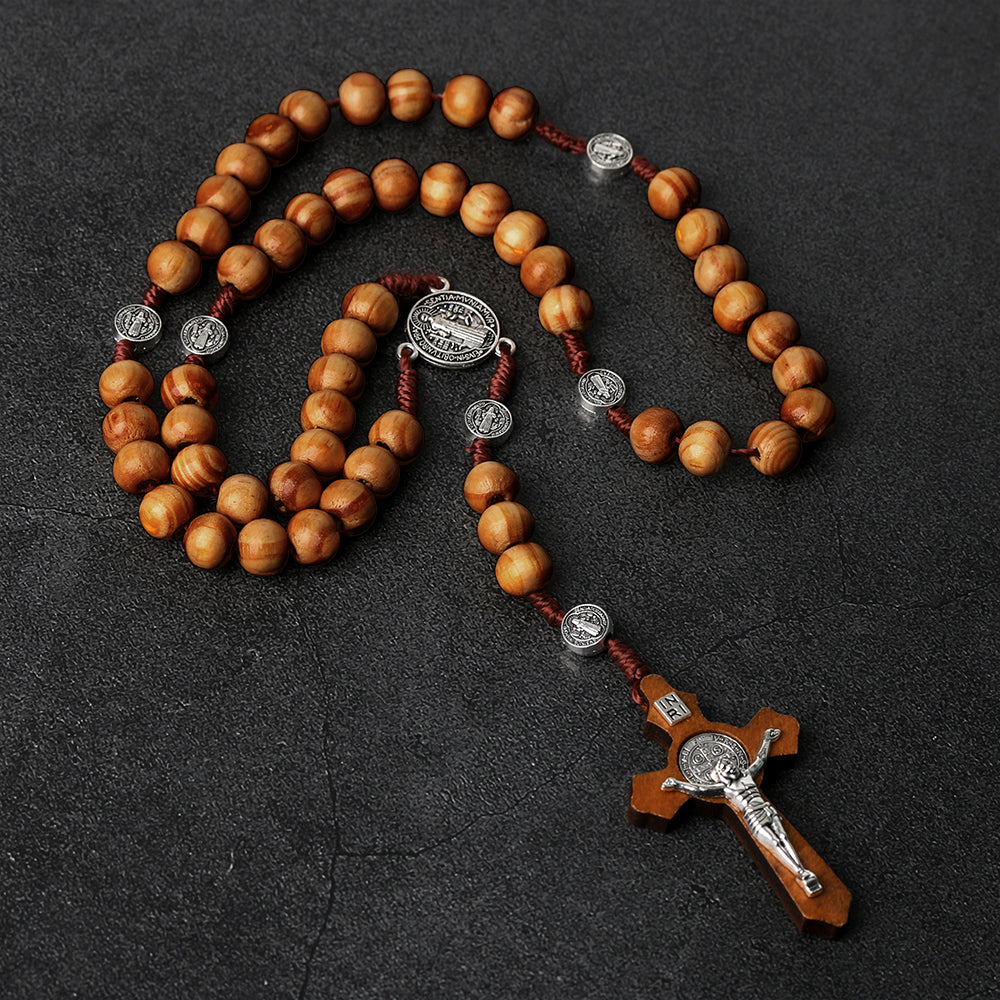 St. Benedict Wooden Rosary with Crucifix – Catholic Prayer Beads Necklace