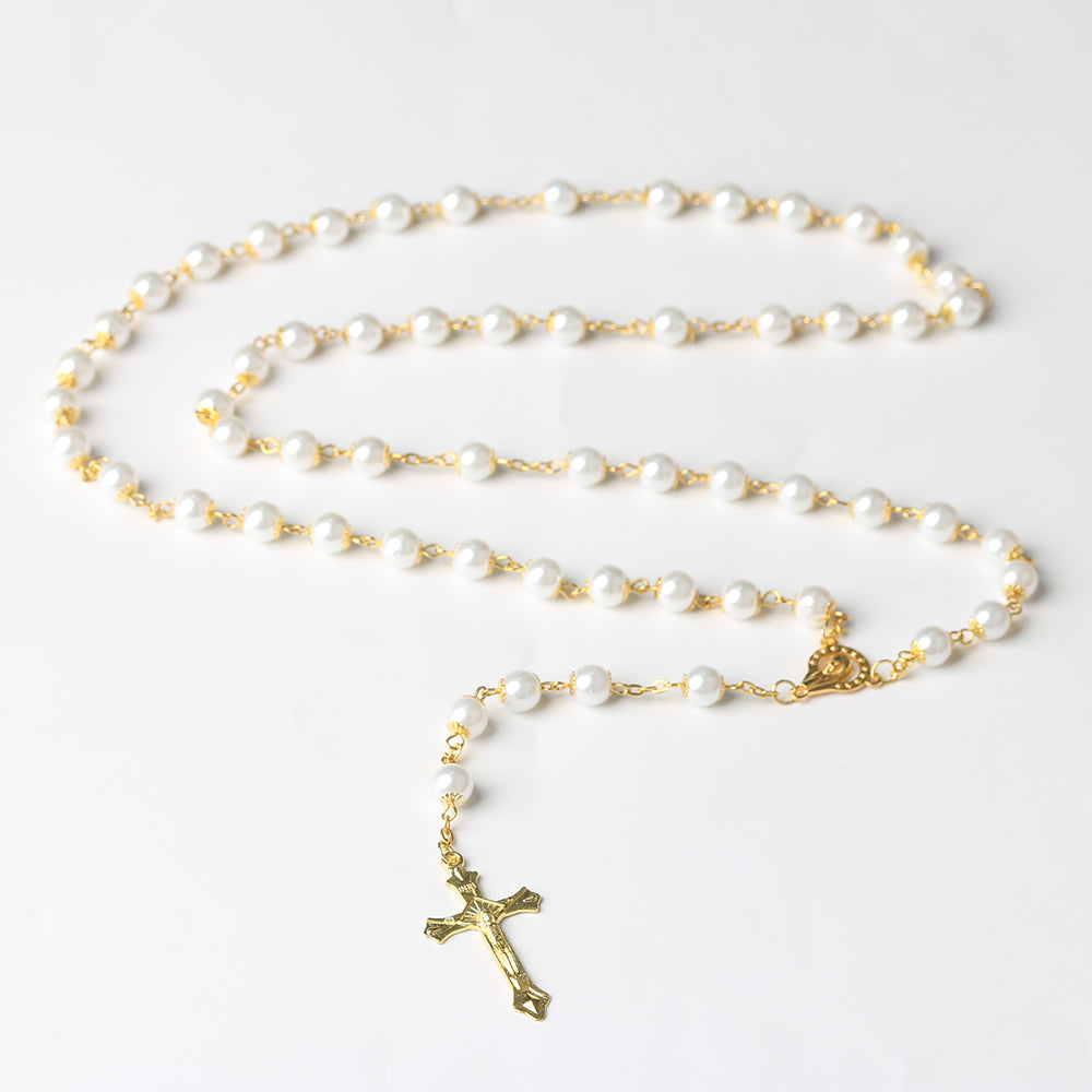 Elegant Gold & Pearl Rosary Necklace – A Timeless Symbol of Faith & Grace