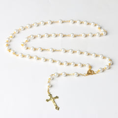 Elegant Gold & Pearl Rosary Necklace – A Timeless Symbol of Faith & Grace