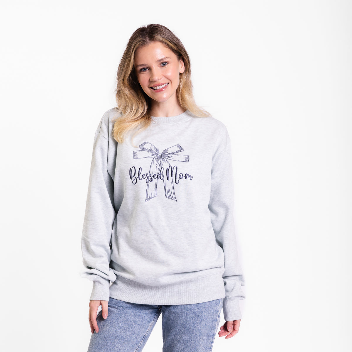 Blessed Mom Bow Embroidered Crewneck Sweatshirt