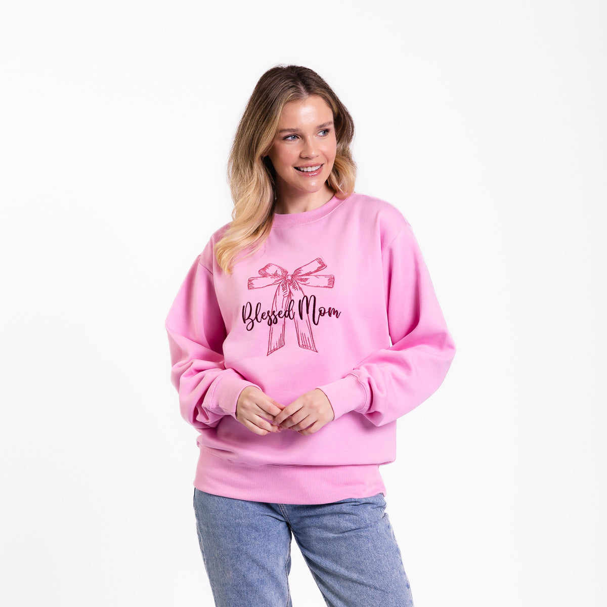 Blessed Mom Bow Embroidered Crewneck Sweatshirt