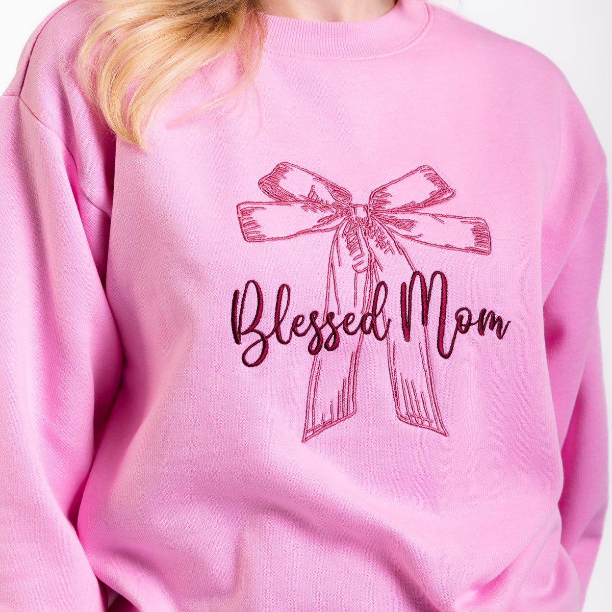 Blessed Mom Bow Embroidered Crewneck Sweatshirt