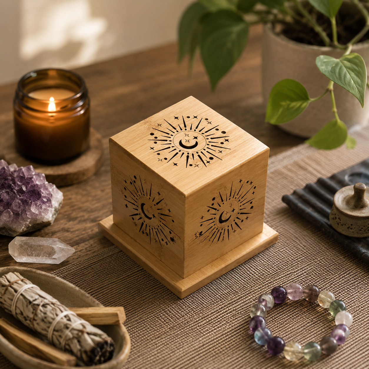 Sacred Wood Crystal Cleansing Box for Jesus Cross Pendant, Crystal Necklace & Bracelet – 4in x 4in, Free 35g California White Sage Included