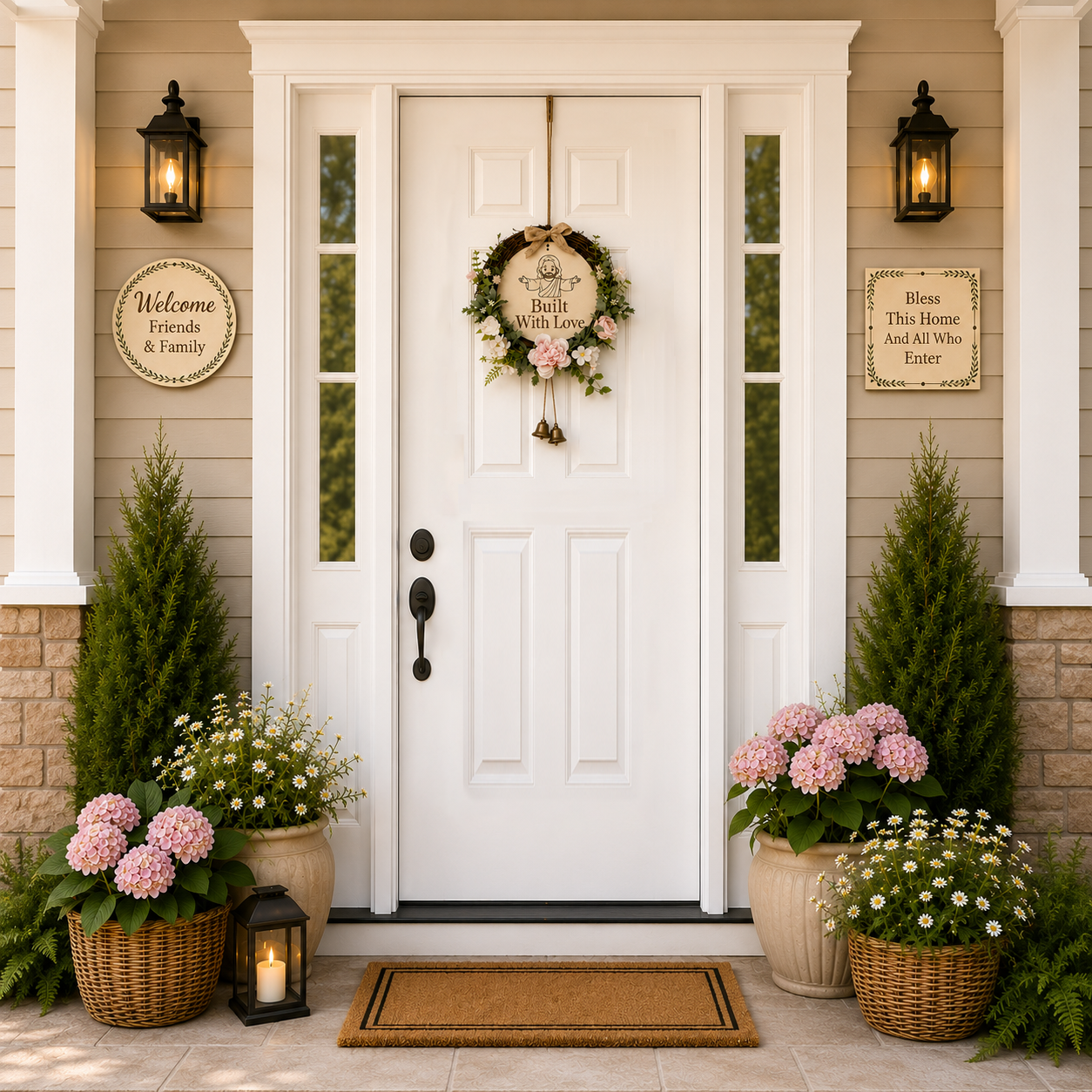 Faith Lives Here, Jesus Welcome Door Sign with Greenery Wreath – Farmhouse Front Door Decor for Indoor & Outdoor Home, Housewarming Gift with Bonus Damage-Free Hook