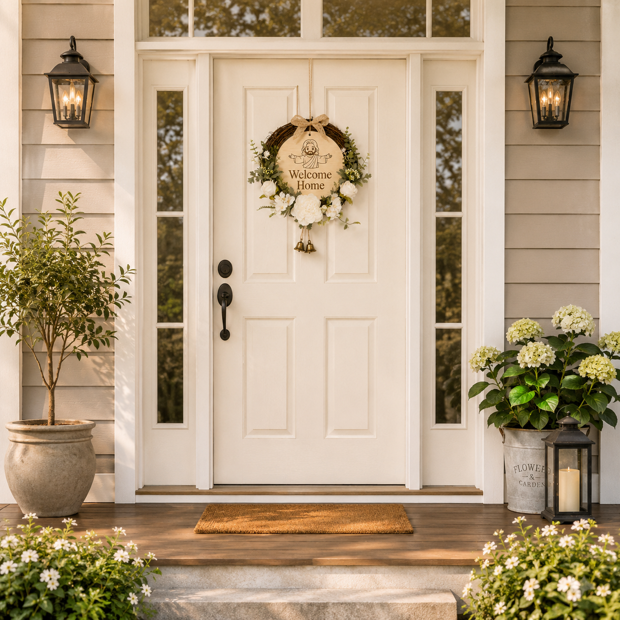 Faith Lives Here, Jesus Welcome Door Sign with Greenery Wreath – Farmhouse Front Door Decor for Indoor & Outdoor Home, Housewarming Gift with Bonus Damage-Free Hook