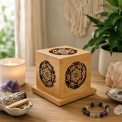 Sacred Wood Crystal Cleansing Box for Jesus Cross Pendant, Crystal Necklace & Bracelet – 4in x 4in, Free 35g California White Sage Included