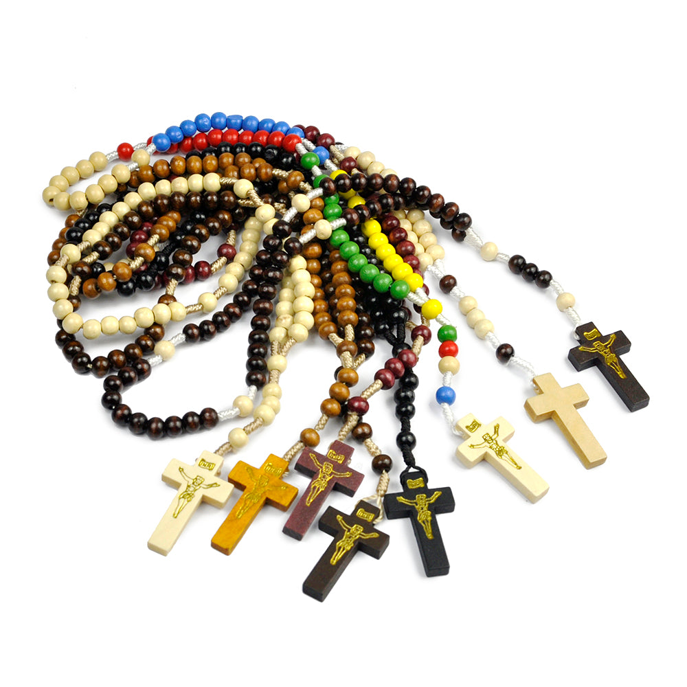 Catholic Rosary Necklace – Wooden Beads Cross Prayer Necklace (Multiple Colors)