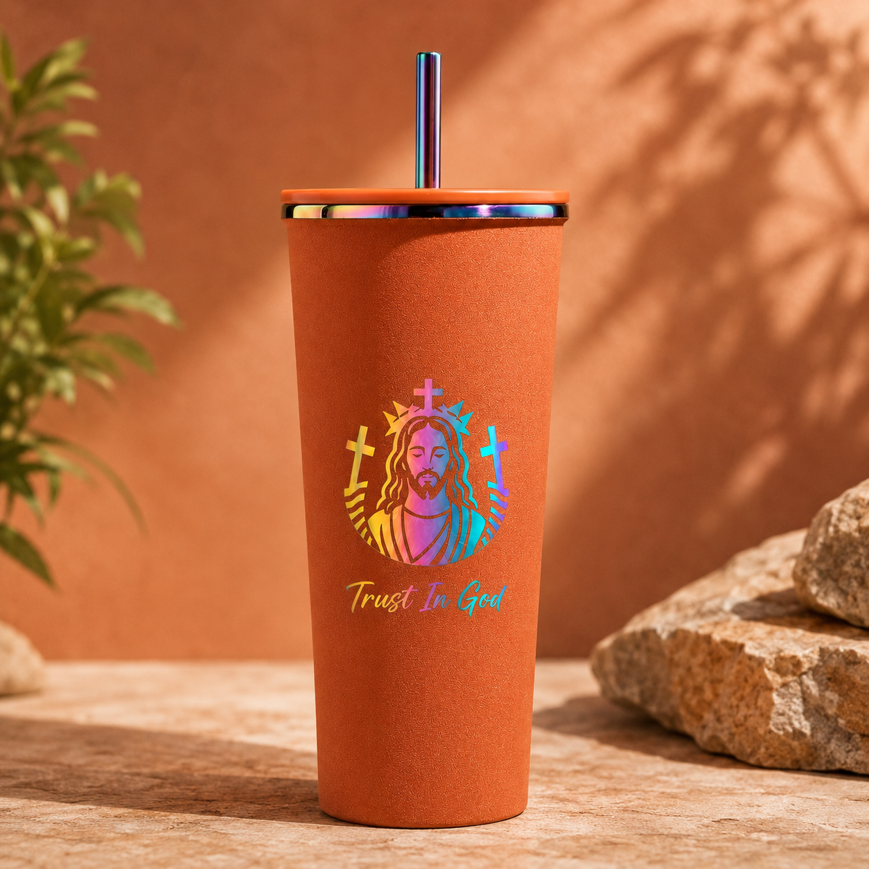 Trust In God Stainless Steel Tumbler with Straw – 24oz Vacuum Insulated Cup, Keeps Drinks Hot & Cold 8–12 Hours