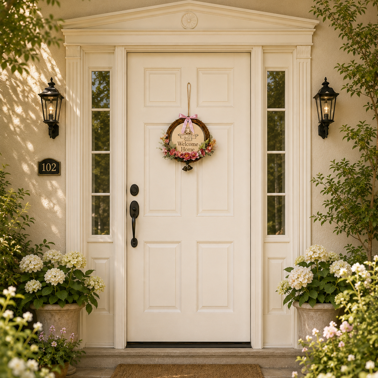 Faith Lives Here, Jesus Welcome Door Sign with Greenery Wreath – Farmhouse Front Door Decor for Indoor & Outdoor Home, Housewarming Gift with Bonus Damage-Free Hook