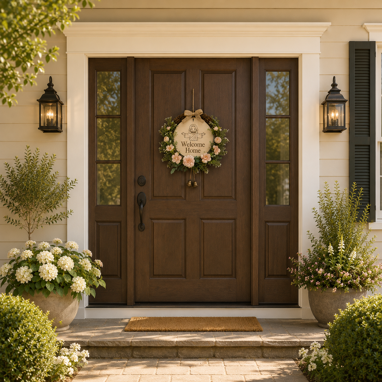 Faith Lives Here, Jesus Welcome Door Sign with Greenery Wreath – Farmhouse Front Door Decor for Indoor & Outdoor Home, Housewarming Gift with Bonus Damage-Free Hook