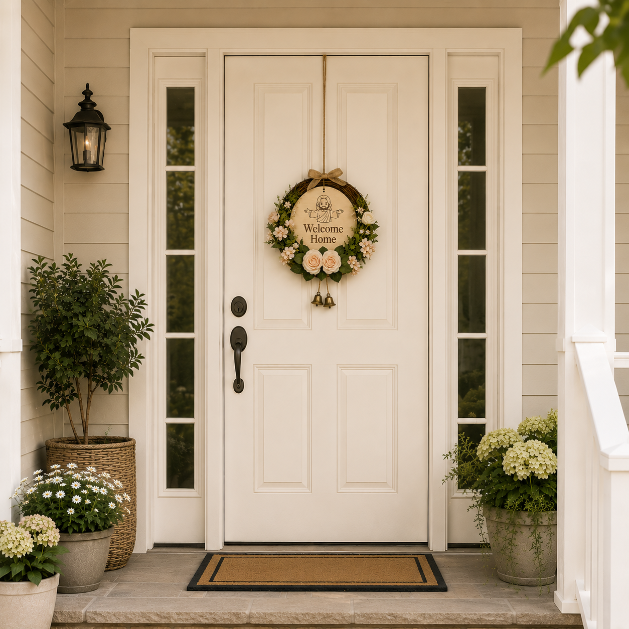 Faith Lives Here, Jesus Welcome Door Sign with Greenery Wreath – Farmhouse Front Door Decor for Indoor & Outdoor Home, Housewarming Gift with Bonus Damage-Free Hook