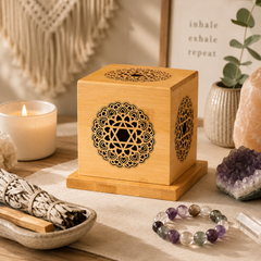 Sacred Wood Crystal Cleansing Box for Jesus Cross Pendant, Crystal Necklace & Bracelet – 4in x 4in, Free 35g California White Sage Included