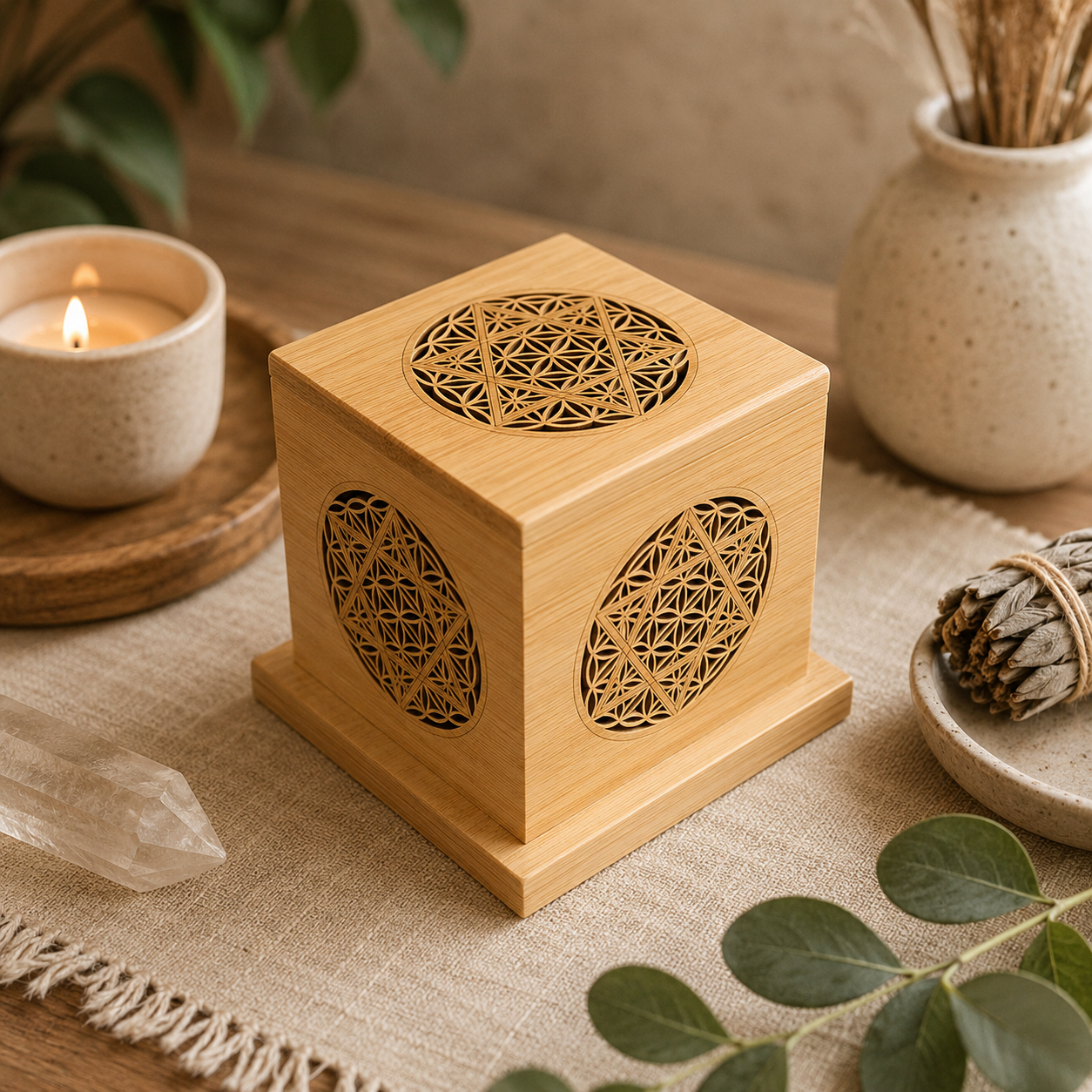 Sacred Wood Crystal Cleansing Box for Jesus Cross Pendant, Crystal Necklace & Bracelet – 4in x 4in, Free 35g California White Sage Included