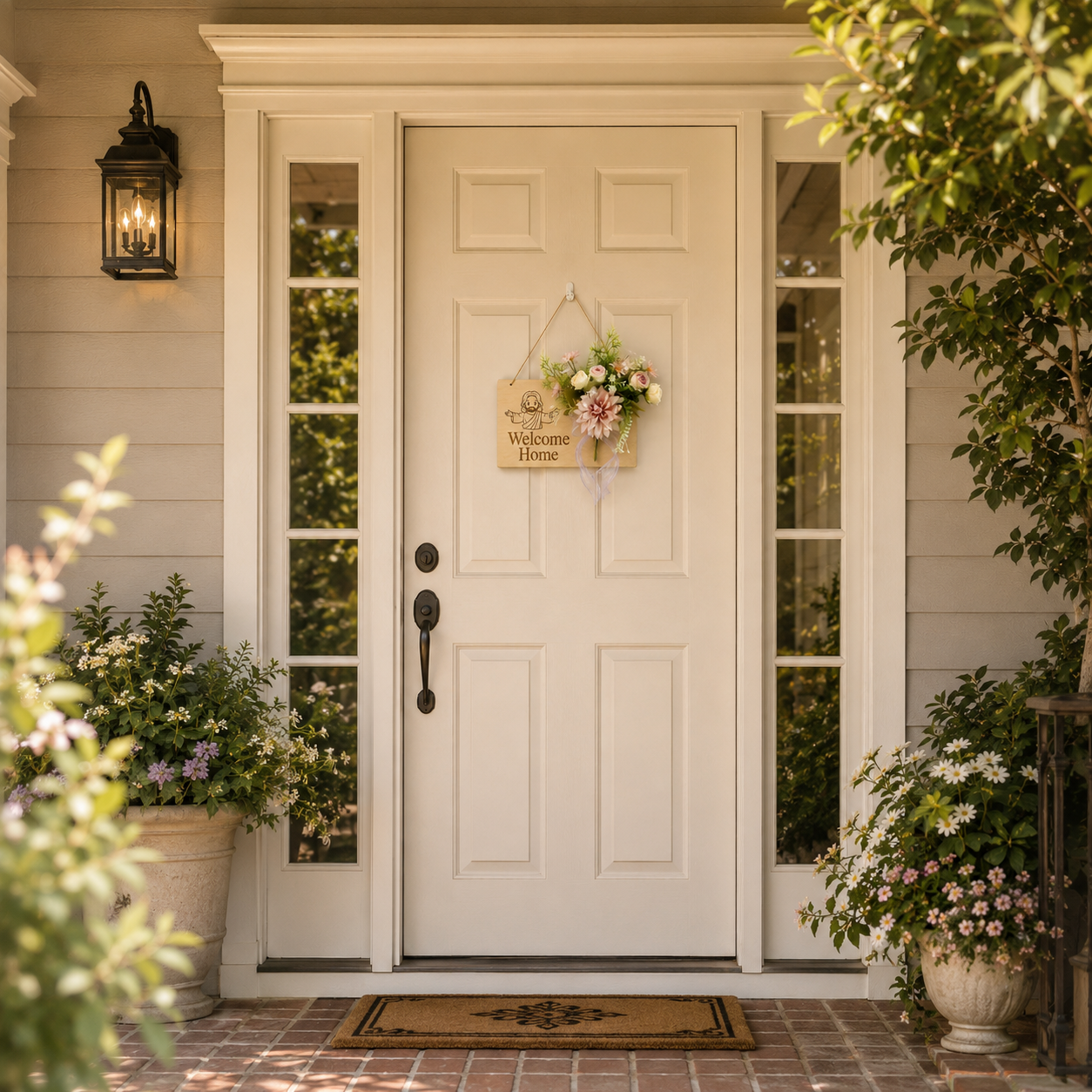 Faith Lives Here, Jesus Welcome Door Sign with Greenery Wreath – Farmhouse Front Door Decor for Indoor & Outdoor Home, Housewarming Gift with Bonus Damage-Free Hook