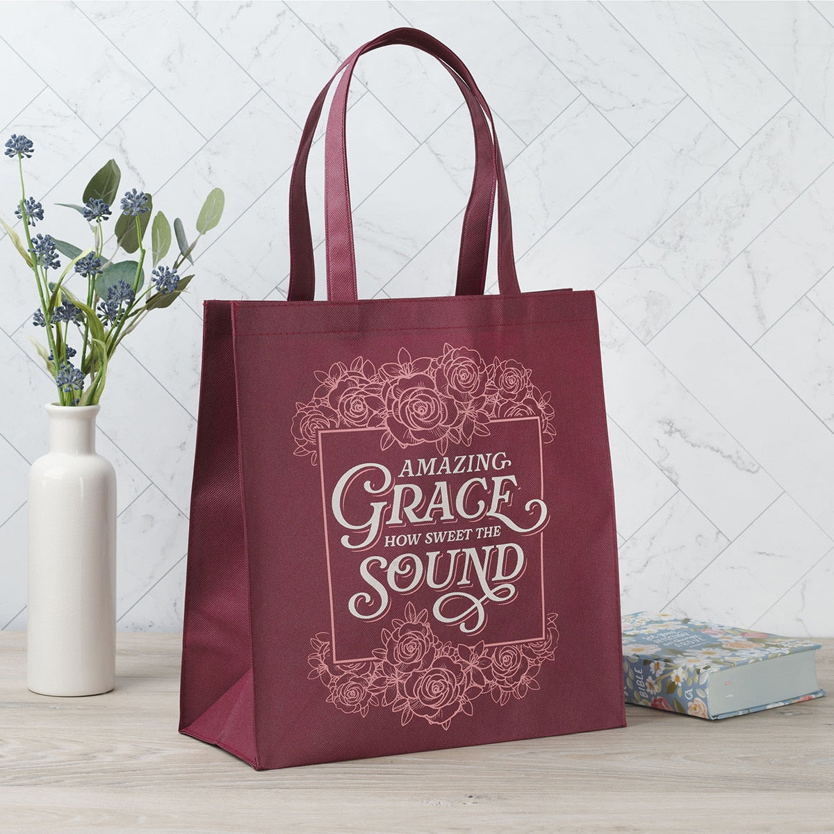 Amazing Grace Burgundy Reusable Non Woven Shopping Tote Bag