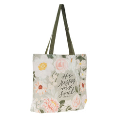 He Restores My Soul Green Floral Garden Tote Bag - Psalm 23:3