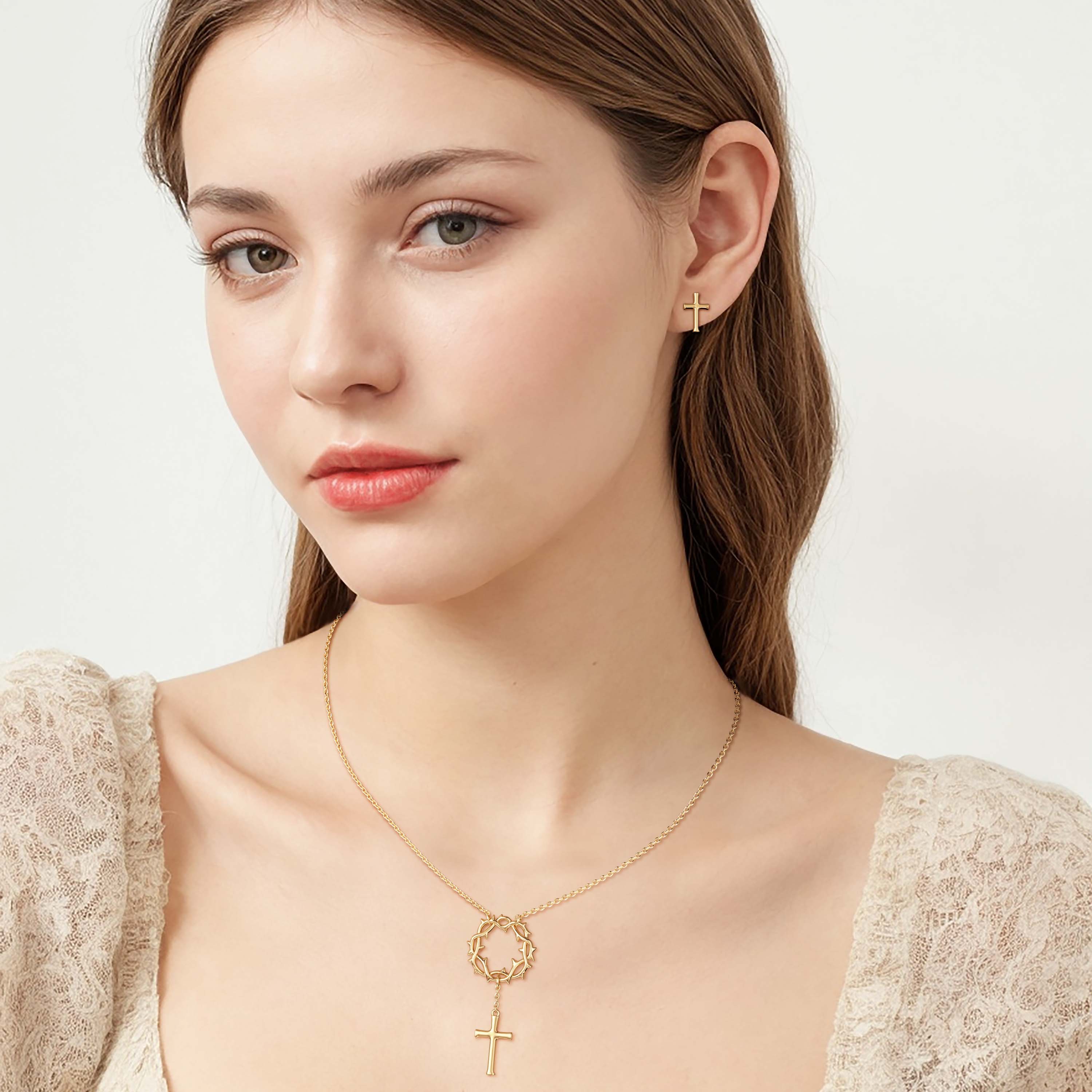 Crown of Thorns Cross Stud Earrings