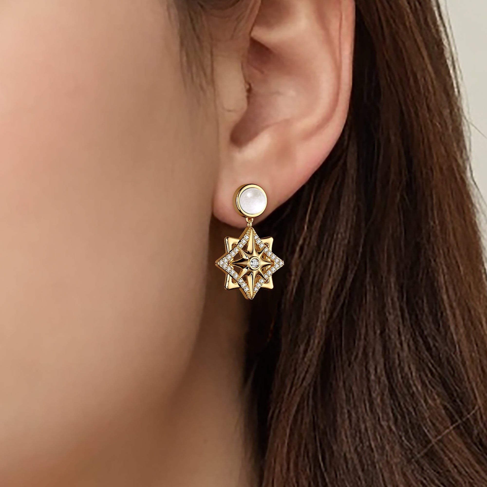 Pave North Star with Moonstone Drop Earrings