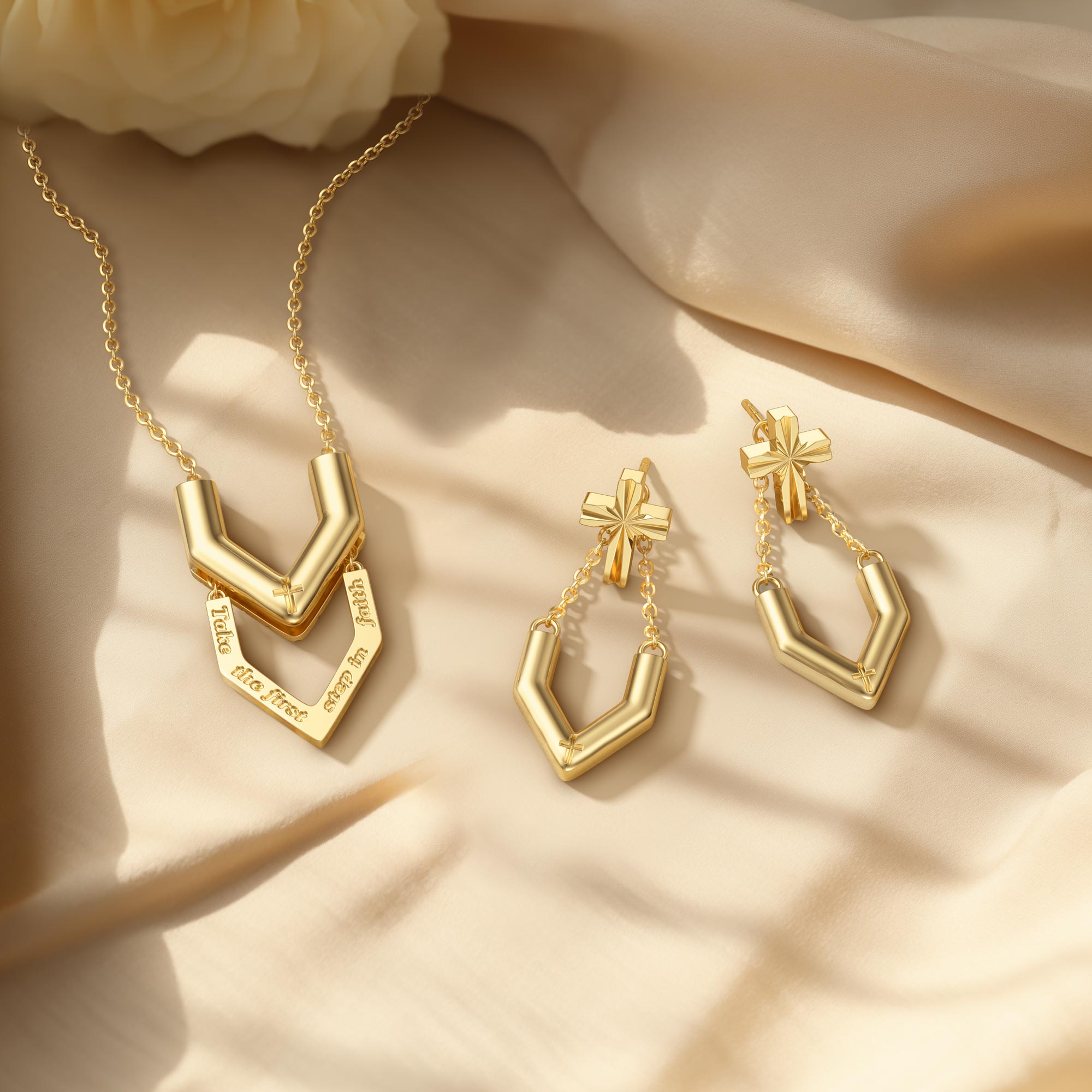 ‘Take the first step in faith' V Chain Cross Drop Earrings