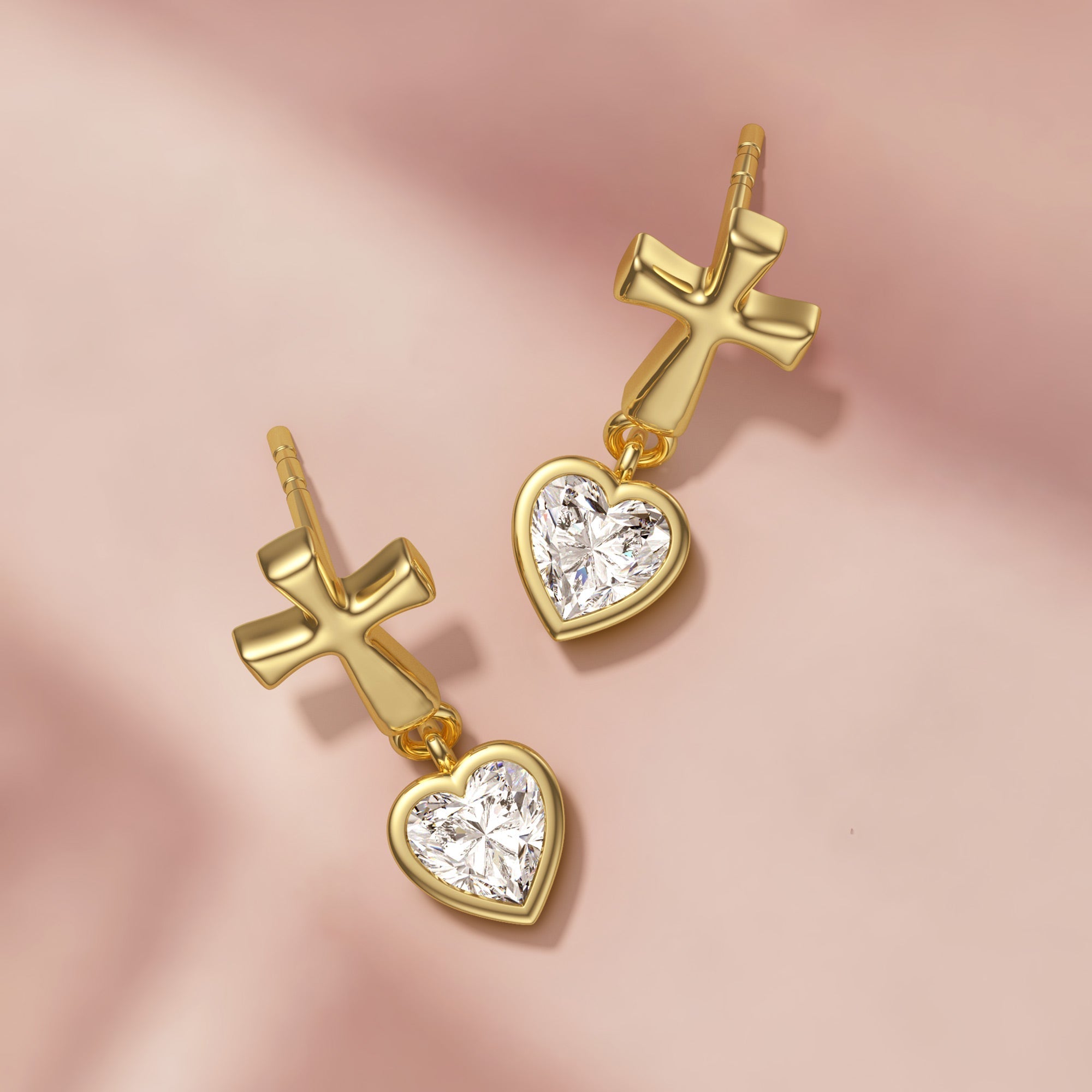 Cross Heart Shaped Bezel Dangling Earrings