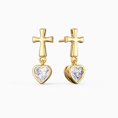Cross Heart Shaped Bezel Dangling Earrings